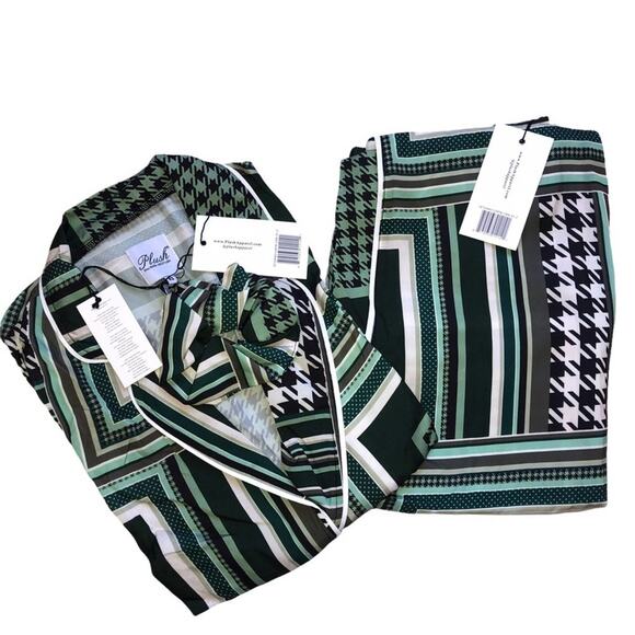 Plush Revolve green patchwork Silky Scrunchie pajama set NEW sz XS - Picture 11 of 12